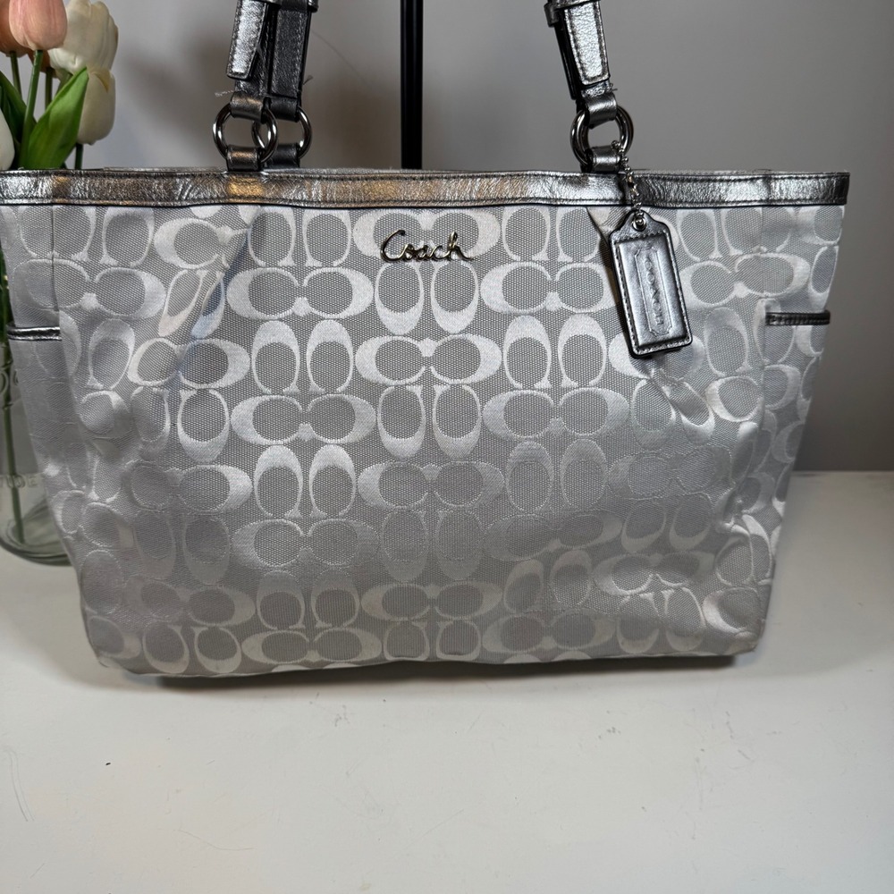 Coach Silver Metallic Signature Lurex East West Gallery Tote - Picture 2 of 8